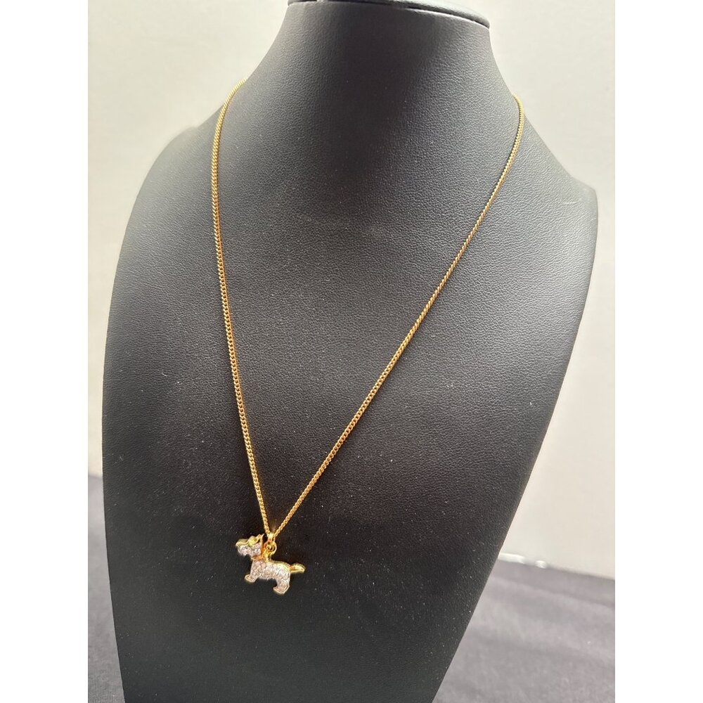 Swarovski Gold Tone Dog Pendant Necklace With Rhinestones & Green Eye Detail 18